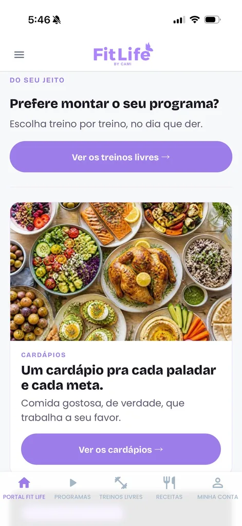 Cardápios e treinos no Fit Life App